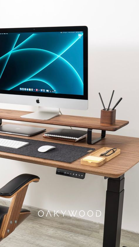 Minimalistic Desk, Elevated Desk, Sustainable Office, Smart Office, Desk Inspiration, Standing Desks, Study Areas, Black Furniture, Desk Shelves