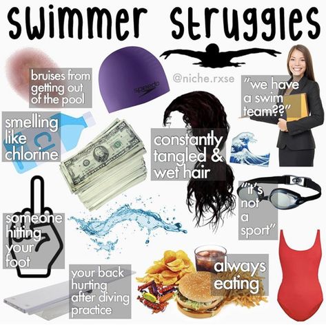 Swim Team Bag Essentials, Swim Meet Bag Essentials, Swim Team Essentials, Swim Team Hairstyles, Swim Meet Essentials, Swimming Memes Funny, Swimmer Aesthetic, Swimming Humor, Competitive Swimming Pictures