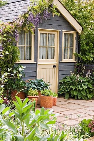 This links to just a photo...no article or anything. Just pinning for the idea of actually painting the shed a color OTHER than beige! Also love the wisteria climbing up the side - and I actually HAVE a wisteria planted next to the shed! I just have to train it up the side of the shed. Loving this pic... Painted Shed, A Small House, Shed Colours, House Shed, Storage Shed Plans, Backyard Sheds, Backyard Shed, Covered Garden, She Sheds