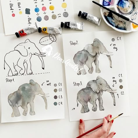 Step By Step Watercolor, Art Tutorials Watercolor, Watercolor Beginner, Watercolor Tutorial, Watercolor Paintings For Beginners, Watercolor Elephant, Watercolor Painting Techniques, 수채화 그림, Watercolor Paintings Tutorials