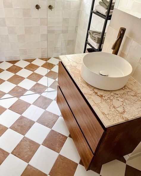 Checkerboard Bathroom Floor, Checkerboard Bathroom, Anchor Bathroom, Beach Tile, Boat Harbour, Brass Taps, Brick Cottage, Mid Century Modern Interior Design, Checkerboard Floor