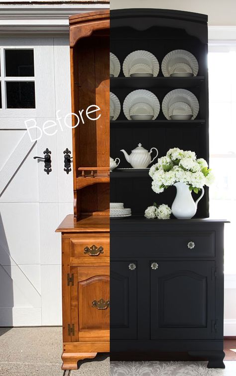 Black Hutch Makeover, Old Hutch Makeover Ideas, Vintage Hutch Makeover, Farmhouse Hutch Makeover, Black China Cabinet, Black Hutch, Hutch Furniture, China Cabinet Makeover, Farmhouse Hutch