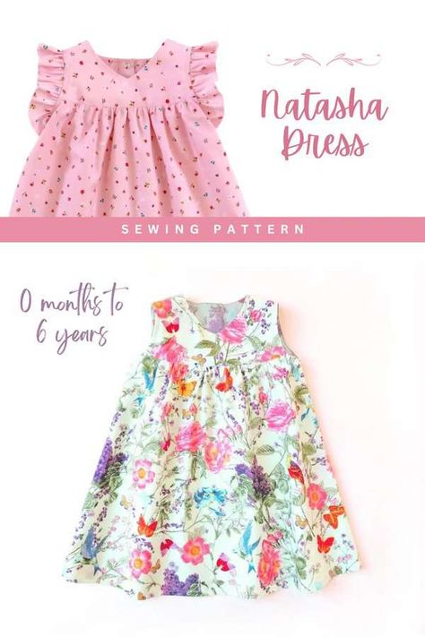 Natasha Dress sewing pattern (0 months to 6 years). A beautiful summer dress pattern with armhole ruffles or without. Yoke with v-neckline adds a nice touch, while gathered front and back add fullness to the dress. The back-snap closure makes dressing easy. SewModernKids Toddler Dress Pattern Free Sewing, Free Baby Dress Pattern, Toddler Dress Pattern Free, Diy Toddler Dress, Girls Dress Pattern Free, Summer Dress Pattern, Toddler Dress Patterns, Girls Clothes Patterns, Baby Dress Pattern