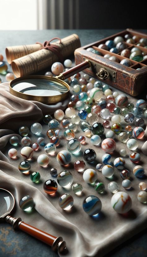 Realistic photograph showcasing a diverse collection of marbles on a velvet surface with an antique collector's pouch and magnifying glass in the background. Antique Knowledge, Vintage Dishes Antiques, Marbles For Sale, Antique Marbles, Marble Pictures, Vintage Marbles, Marble Price, Soft Gloves, Antique Booth