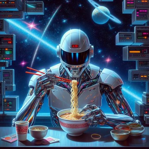 hajime sorayama retro 80s sci-fi futurism cyberpunk space robotic MJ eating ramen noodles in japan, vaporwave aesthetic, chrome steel cosmic stars shiny glowing, oil painting - AI Generated Artwork - NightCafe Creator Japan Vaporwave, Cyberpunk Space, Cosmic Stars, 80s Sci Fi, Hajime Sorayama, Eating Ramen, Girly Pop, Vaporwave Aesthetic, Futurism