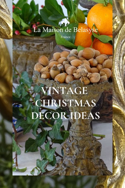 French vintage Christmas decor ideas, including antique brass candelabras, cast iron candle holders, vintage brass deer, antique confit pot with a green glaze. All in opulent settings with festive fruit, nuts and foliage. Christmas Vignettes Display, Parisian Christmas Decor, Christmas Still Life, Vintage Christmas Aesthetic, French Country Cottage Christmas, Vintage Christmas Decor Ideas, Victorian Christmas Decorations, Christmas Decor Vintage, French Villa