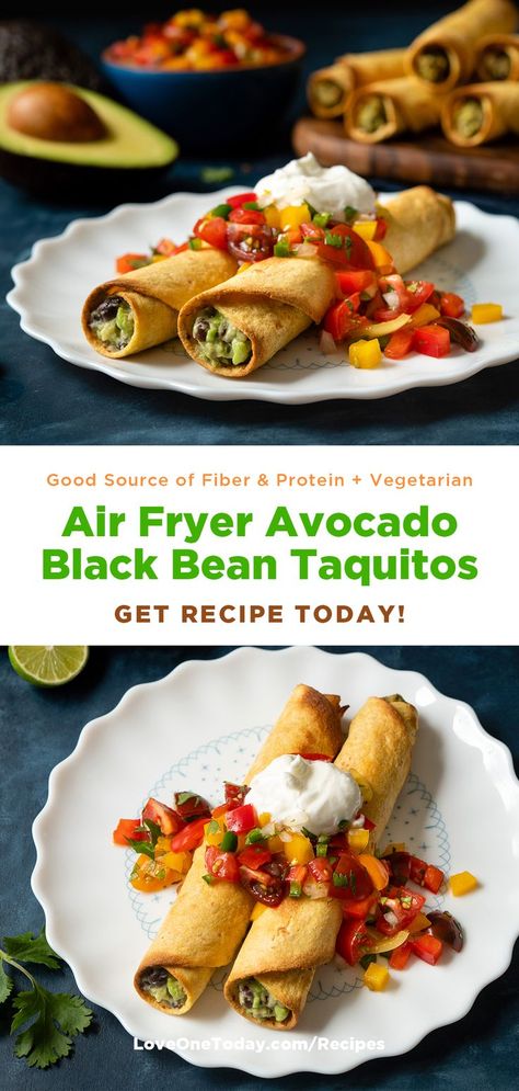 A twist on the traditional favorite, this taquitos recipe is easy and satisfying for a meatless lunch or dinner. Golden brown and crispy in minutes in an air fryer, these taquitos are bursting with flavor and provide an excellent source of fiber and good source of protein. The fresh avocado adds dietary fiber and good fats to help keep you feeling fuller longer. Good Source of Fiber, Good Source of Protein, No Added Sugars, Vegetarian. #Avocados #AvocadoRecipes #SaboreaUnoHoy #Aguacate 🥑 Black Bean Taquitos, Air Fryer Avocado, Meatless Lunch, Bean Taquitos, Best Avocado Recipes, Taquitos Recipe, Fresh Avocado, Light Snacks, Hispanic Food