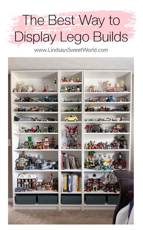 Lindsay's Sweet World: The Best Way to Display Lego Builds - Jacob’s Lego Museum and Updated Bedroom Lego Storage Shelves Display, Around The Room Shelving, Bookshelf For Legos, Shelving For Lego Display, Lego Shelving Display, Lego Collection Display Shelves, Lego Collection Display Ikea, Lego Model Storage Ideas, Best Lego Display Ideas