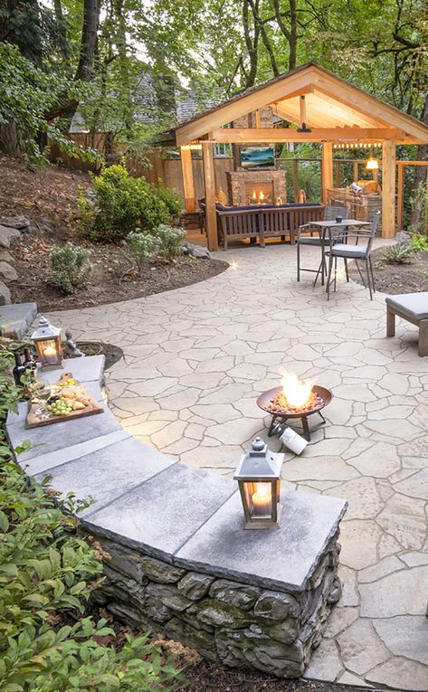 Hillside Backyard, Backyard Renovation, Garden Pathways, Property Ideas, Landscape Design Ideas, Outdoor Fireplace Patio, Outdoor Patio Designs, Stone Patio, Outdoor Pavilion