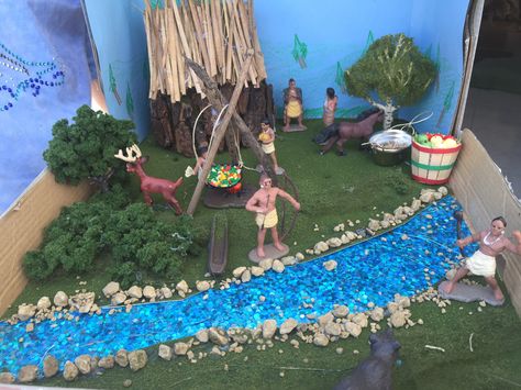 My daughter's Native American Diorama - I love how the sparkly water paper came out! Native American Diorama, Gold Rush Projects, School Project Ideas, Native American Art Projects, Indian Project, Diorama Kids, Ancient Egypt Projects, Native American Projects, Native American Village