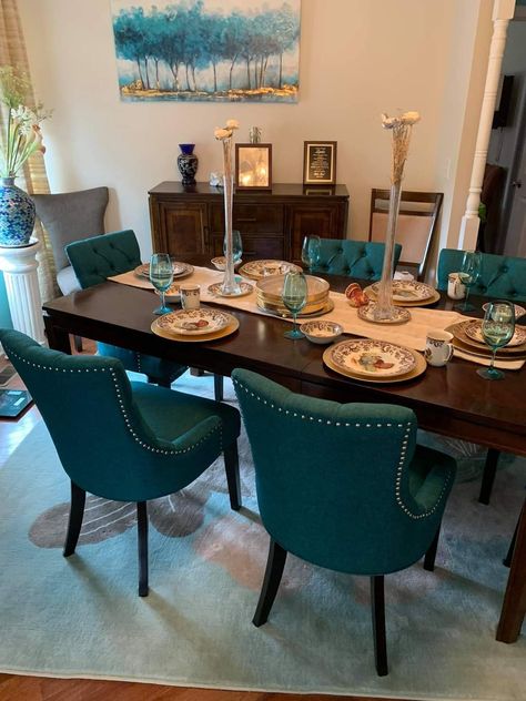 Dark Turquoise Dining Room, Teal And Brown Kitchen Table, Aqua Virgo Dining Table, Teal Dining Table, Blue And Grey Dinning Table, Small Dinner Table, Turquoise Dining Room, Dining Room Teal, Teal Dining Chairs