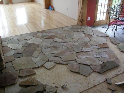 Building a timberframe home from scratch.: Flagstone Flooring in the Kitchen - Part I Flagstone Kitchen, Kitchen Floor Tile Design, Flagstone Tile, Country Bathrooms, Best Flooring For Kitchen, Rock Floor, Stone Backsplash Kitchen, Foyer Flooring, Kitchen Floor Tiles Ideas