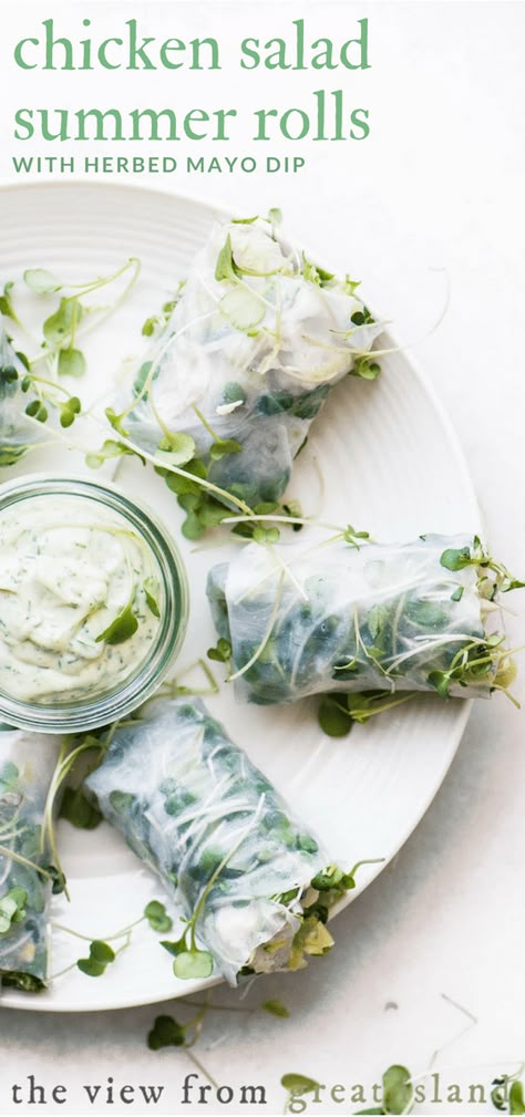 My Chicken Salad Summer Rolls with an herbed mayonnaise dip is a delicious take on classic Vietnamese rice paper rolls. #healthy #recipe #vietnamese #Thai #easy #fresh #chicken #appetizer #lunch #dinner #30minute #glutenfree #chickensalad Mayonnaise Dip, Vietnamese Rice Paper Rolls, Vietnamese Rice Paper, Rice Paper Recipes, Vietnamese Rice, Salad Summer, Salad Rolls, Recipe Paper, Rice Paper Rolls