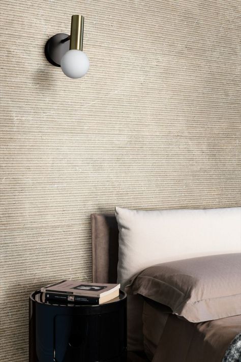 Elevate your bedroom using the Limestone Wall collection in 3D structure. Explore the collection and discover how these tiles can transform your space into a visual masterpiece, watch the unlimited possibilities! Limestone Wall, Limestone Tile, Minimal Wall, Tile Art, Fine Porcelain, Stone Wall, Wall Tiles, Wall Coverings, Bathroom Design