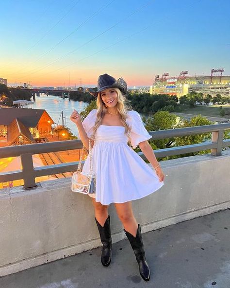 Sundress Concert Outfit, Cowboy Hat And Dress, Dress With Cowboy Hat, Cowgirl Boots And Dress Outfit, Austin Outfits, Concert Dress Outfit, Country Concert Dress, What To Wear In Nashville, Dress And Cowgirl Boots