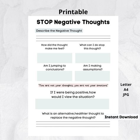 Excited to share this item from my #etsy shop: Printable Stop Negative Thoughts|Instant Download|Self Growth|Mental Health|Therapist Planner|Digital Download #white #blue #mentalhealth #digitaldownload #instantdownload #overcomingnegative #negativethoughts #stopnegative #printablejournal Cbt Negative Thoughts, Negative Thoughts Journal, Negative Thoughts Worksheet, Therapist Planner, Overcoming Negative Thoughts, Health Printables, Stop Negative Thoughts, Counseling Worksheets, Tattoo Music