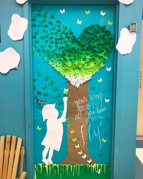 Classroom Door Ideas, Spring Classroom Door, Your Wings Already Exist, Preschool Door, Positive Classroom Environment, Fall Classroom Decorations, School Door Decorations, Spring Classroom, Teacher Doors