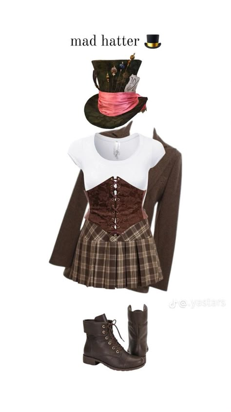 Alice In Wonderland Mad Hatter Costume, Cute Mad Hatter Costume, Mad Hatter Costume Female Diy Easy, Madhatters Costume Diy, Cute Mad Hatter Costume Female, Mad Hatter Dti Outfit, Mad Hatter Outfit Ideas, Halloween Costume Mad Hatter, Mad Hatter Costume Female Diy