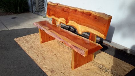 Redwood Slab Bench Mushroom Bench Ideas, Mushroom Bench, Live Edge Garden Bench, Live Edge Walnut Bench, Redwood Slabs, Bench, Woodworking, Outdoor Furniture, Outdoor Decor