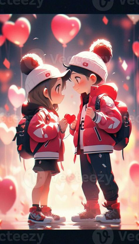 anime couple kissing in front of balloons with hearts in the background. generative ai. Couple Animation Photo, 3d Cartoon Couple Images, Wallpaper Backgrounds Couple, Cartoon Couple Photos, 3d Couple, Views Nature, 3d Wallpaper Cute, Radiate Love, Train Video