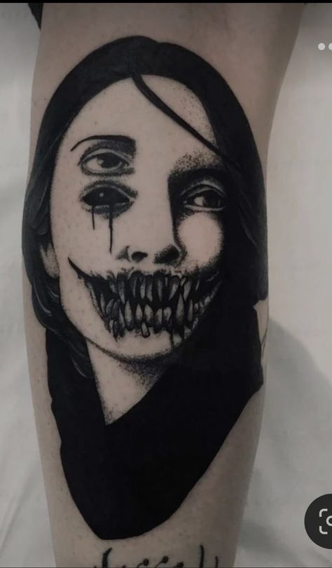 Opposite Personalities Tattoo, Creepy Tattoos Ideas, Black Horror Tattoo, Disturbing Tattoo Ideas, Creepy Face Tattoo, Small Dark Tattoos Creepy, Dark Image Tattoo, Horror Style Tattoo, Obscure Tattoos