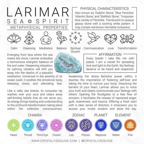 ✨ 𝐂 𝐑 𝐘 𝐒 𝐓 𝐀 𝐋 𝐘 𝐙 𝐄 ✨ on Instagram: "Drop your favourite ocean 🦦 emoji 🐋 to attract Larimar energy! 📌 Save this post for reference • 𝐋𝐀𝐑𝐈𝐌𝐀𝐑 • 🐚 Sea Spirit ✨ 𝐌𝐞𝐭𝐚𝐩𝐡𝐲𝐬𝐢𝐜𝐚𝐥 𝐏𝐫𝐨𝐩𝐞𝐫𝐭𝐢𝐞𝐬 : Balance, Calm, Cleansing, Communication, Love, Meditation, Spiritual Growth, Transformation 🌈 𝐂𝐡𝐚𝐤𝐫𝐚 : Heart, Throat, Third Eye & Crown 🌌 𝐙𝐨𝐝𝐢𝐚𝐜 : Leo & Pisces 🪐 𝐏𝐥𝐚𝐧𝐞𝐭 : Neptune 🌀 𝐄𝐥𝐞𝐦𝐞𝐧𝐭 : Water & Fire 📲 𝐂𝐑𝐘𝐒𝐓𝐀𝐋𝐘𝐙𝐄 𝐀𝐩𝐩 for Cry Larimar Crystal Meaning, Larimar Properties, Crystal Affirmations, Crystals Guide, Sea Spirit, Planet Neptune, Crystals Healing Grids, Larimar Crystal, Love Meditation