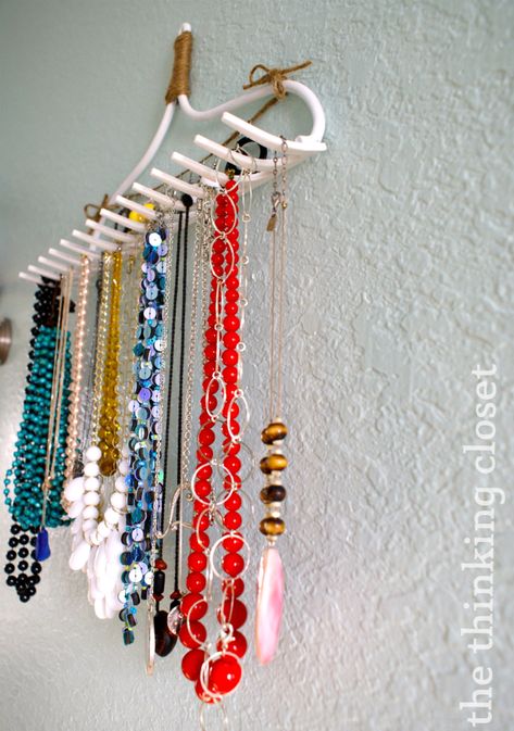 NecklacesHung Diy Necklace Holder, Chic Decor Diy, Jewelry Storage Diy, Boho Jewelry Diy, Vintage Jewelry Diy, Necklace Hanger, Diy Quotes, Diy Necklaces, Diy Jewelry Holder