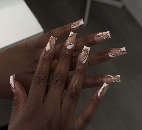 Ghana Nail Designs, Gold Nails Design Short, Square Acrylic Nails Gold, Gold And White Nail Designs, Dope Nail Designs Mid Length, Monthly Nails, Mom Nails, White Nails With Gold, Gold Chrome Nails