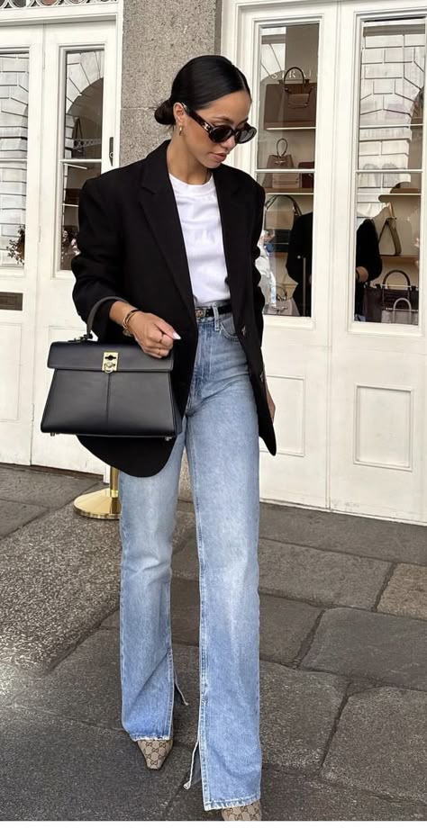 Style A Blazer With Jeans, 2024 Chic Outfits, Black Denim Work Outfit, Denim For Work, Suit Jacket And Jeans Women, Black Blazer Outfit Summer, Blue Jeans Black Blazer Outfit, Large Outfits For Women, Black Blazer Gold Buttons Outfit