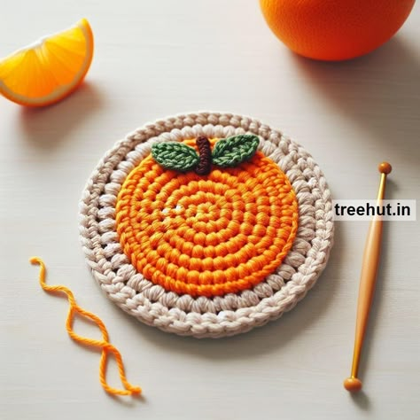 Orange Crochet Coaster Ideas Orange Slice Crochet Pattern, Crochet Coaster Ideas, Orange Crochet Ideas, Cute Crochet Coasters, Crochet Candle, Crochet Orange, Coaster Ideas, Orange Crochet, Crochet Fruit