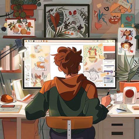 Desk Illustration Drawing, Art Nerd Aesthetic, Animation Workspace, School Illustration Art, Animation Job, Graphic Design Workspace, Illustrator Career, Desk Illustration, Illustration Career