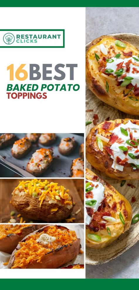 Assortment of baked potatoes with toppings like sour cream, bacon, cheese, green onions, and butter, showcasing the best and easiest baked potato topping ideas for flavorful meals. Baked Potatoes Toppings Ideas, Toppings For Baked Potatoes, Baked Potato Topping Ideas, Baked Potato Bar Toppings, Potato Bar Toppings, Baked Potato Toppings, Bacon Chili, Baked Potato Bar, Best Baked Potato