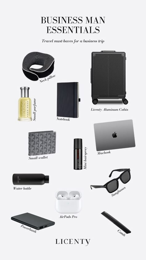 Licenty Business Man Travel Essentials - Elevate Your Business Trip Men Essentials Man Stuff, Luggage Essentials, Men Travel Essentials, Young Men Haircuts, Guys Grooming, Man Travel, Classic Life, Gadgets For Men, Everyday Bag Essentials