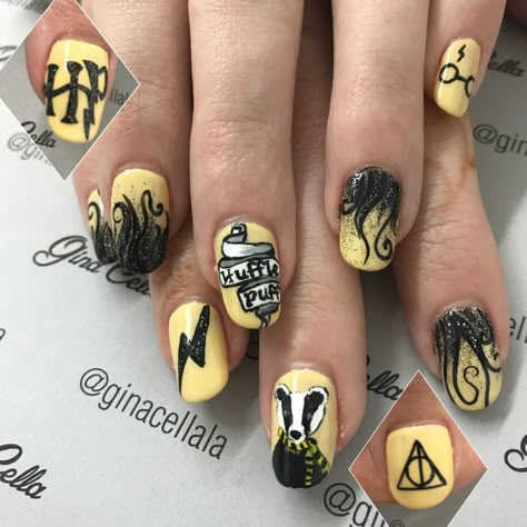 Flashback to these amazing Hufflepuff nails I did for my favorite Hufflepuff. #handpaintednailart #harrypotternails #hufflepuff Hufflepuff Nails, Harry Potter Nails Designs, Potter Nails, Acrylic Nail Designs Classy, Harry Potter Nails, Gothic Nails, Drip Nails, Goth Nails, Glamour Nails