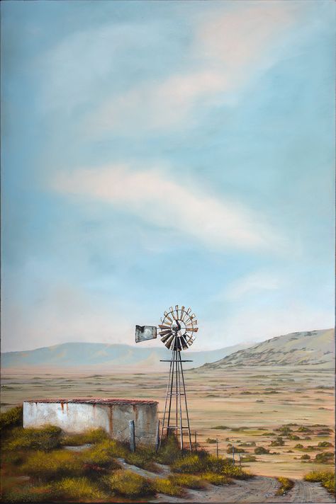 Kansas Prairie, Karoo Landscape, South Africa Art, Windmill Landscaping, South African Landscapes, Country Images, Farm Windmill, Windmill Art, Windmill Water