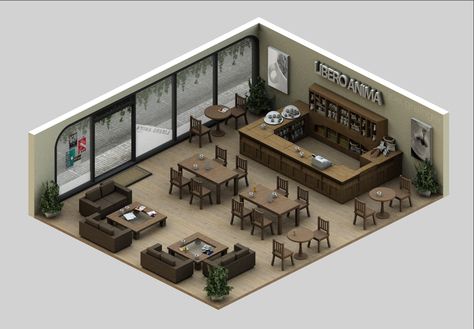 Isometric 3D styled MMOCC, isometrically sliced and ready to be input in to the game engine. Cafe Floor Plan, Restaurant Floor Plan, Restaurant Layout, Restaurant Plan, Game Cafe, Restaurant Flooring, Coffee Shop Interior Design, Cafe Shop Design, Casas The Sims 4