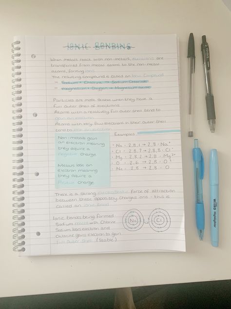 Notes about ions, ionic compounds, ionic bonds and electrostatic attraction with examples Chemical Bonding Notes Aesthetic, Notes Ideas Chemistry, Ionic Compounds Chemistry, Chemistry Ionic Bonding Notes, Ionic Bonding Notes, Ions Chemistry Notes, Chemical Bonding Notes, Ionic And Covalent Bonding, Covalent And Ionic Bonds