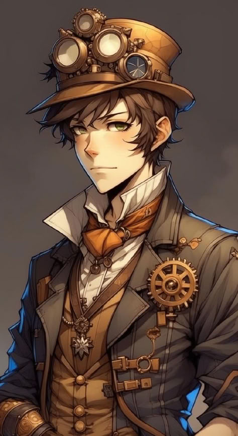 Steampunk Outfit Drawing Male, Steam Punk Art Character, Steampunk Alchemist Character Design, Steampunk Engineer Character Design, Phantom Thief Character Design, Steampunk Oc Art, Steampunk Mechanic Character Design, Steam Punk Character Design Male, Steampunk Design Character