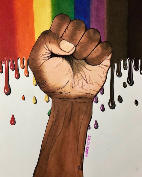 Black power fist in foreground. Inclusive Pride flag in background : red, orange, yellow, green, blue, purple, brown and black as dropping paint. Afro Queer Art, Queer Black Art, Queer Sketch, Black Queer Art, Gcse Identity, Black Pride Art, Gay Pride Tattoos, Black Female Artists, Comfort Art