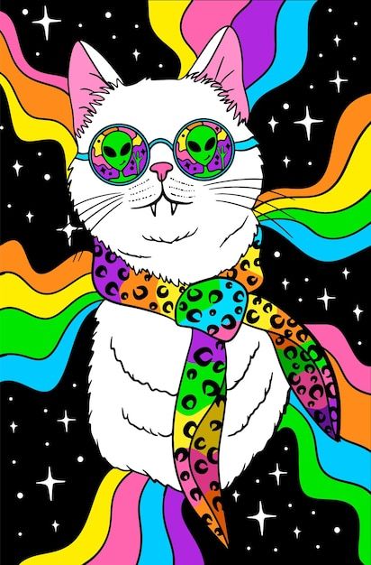 Psychedelic groovy white cat in sunglass... | Premium Vector #Freepik #vector #groovy #trippy #70s #hippie Money Lover, Cat In Sunglasses, Bedroom Art Painting, Trippy Cat, Groovy Aesthetic, Future Wallpaper, Retro Space, 70s Hippie, Retro Cats