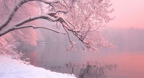 Winter desktop wallpaper with snow covered lake with pink reflections. Cozy Winter Aesthetic Wallpaper Desktop, Horizontal Winter Wallpaper, Pink Winter Desktop Wallpaper, Pink Winter Wallpaper Laptop, Cute Winter Desktop Wallpaper, Pink Christmas Wallpaper Macbook, Winter Background Wallpapers Desktop, Winter Desktop Wallpaper Aesthetic, Winter Pc Wallpaper