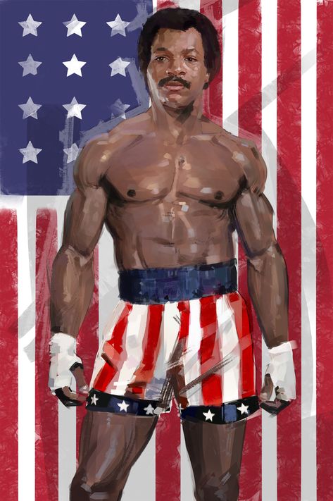 This is an image of Apollo Creed. I selected this representation not just because of his name, but because of his attitude and persona as a character. He was a the main antagonist in the movies Rock I and Rocky II. He played a larger than life character and acted as a God. Rocky Series, Rocky Ii, Apollo Creed, Carl Weathers, American Flag Clothes, Flag Outfit, Rocky Balboa, History Photos, Sylvester Stallone