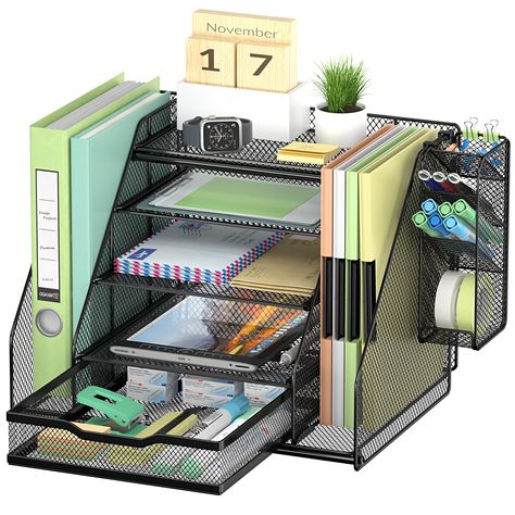 PRICES MAY VARY. ✔️【MULTIFUNCTIONAL DESK ORGANIZER】-VIVSOL desk organizer and accessories have 4 sliding trays, 2 vertical file organizers, 1 large capacity pen holder and 1 sliding drawer, providing you with various types of office supplies storage to keep your desk clean and tidy. 📌【SAFE & STURDY CRAFTSMANSHIP】- Office organizers and accessories are made of lightweight metal mesh steel structure, the mesh surface structure is stable and not easy to deform, and the snap links are not easy to s Desk Organizer Shelf, Office Supply Storage, Organizer Desk, Letter Tray, File Holder, Desk Organization Office, Wooden Pallet Projects, File Organiser, Teaching Life