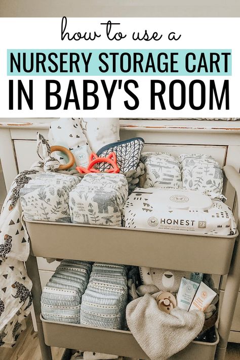 Nursery storage cart, nursery utility cart, rolling cart for the nursery, diaper cart, 3 tiered cart nursery Utility Cart For Nursery, Nursery Side Table Organization, Infant Storage Ideas, Nursery 3 Tier Cart, Storage Cart Nursery, Nursery For Small Room, Nursery Utility Cart Organization, Small Space Twin Nursery, Rolling Cart For Nursery