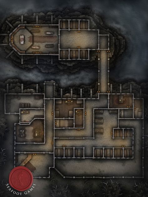 Shadowy Ravensfall Prison 40x30 Battlemap | Seafoot Games on Patreon Castle Battlemap, Dnd Locations, Village Map, Ww1 Soldiers, Dungeon Tiles, Dnd World Map, Building Map, Battle Map, Scale Map