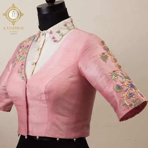 Another custom made blouse for a muhurtham ceremony. Pastels that sooth the eyes. #ranipinkstudio #bridal #bangalorewedding #bridetobe… Kurti Hand Embroidery Design, Decent Blouse Designs, Ethnic Lehenga, Embroidery Thread Work, Long Blouse Designs, Cotton Blouse Design, Garment Construction, Saree Blouse Neck Designs, Blouse Back Neck Designs