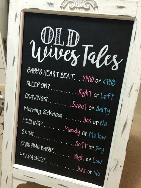 Old wives tales baby shower chalkboard for my cousin Gender Reveal Wives Tales, Old Wives Tales Gender Board, Gender Reveal Old Wives Tales Board, Old Wives Tales Gender, Pregnancy Chalkboard Tracker, Baby Shower Chalkboard, Pumpkin Gender Reveal, Gender Reveal Box, Weekly Pregnancy Chalkboard