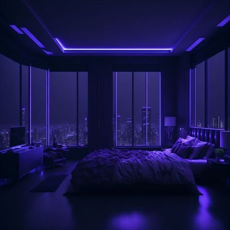 Penthouse Aesthetic Bedroom, Violet Room Ideas Bedrooms, Hotel Room Aesthetic Night, Purple And Blue Room, Guy Bedroom Ideas, Guy Bedroom, Penthouse Aesthetic, Cosy Bedrooms, Apartment Room Ideas