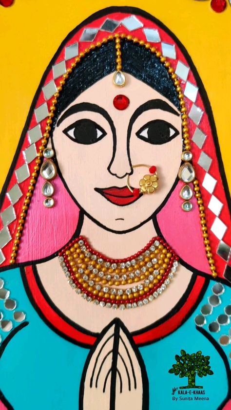 Sunita Meena (@kala_e_khaas) posted on Instagram • Mar 9, 2022 at 5:53am UTC Rajasthani Women Painting, Rajasthani Folk Art Painting, Diwali Art, Bottle Paint, Mirror Canvas Art, Namaste Art, Crepe Paper Crafts, Cloth Painting, Rajasthani Painting