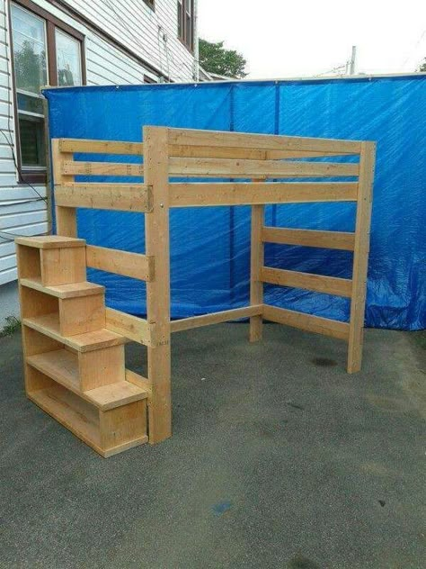 Loft Bed With Stairs Plans, Loft Bed With Stairs, Bed With Stairs, Full Size Loft Bed, Diy Loft, Loft Bed Plans, Diy Loft Bed, Loft Bed Frame, Bunk Beds With Stairs